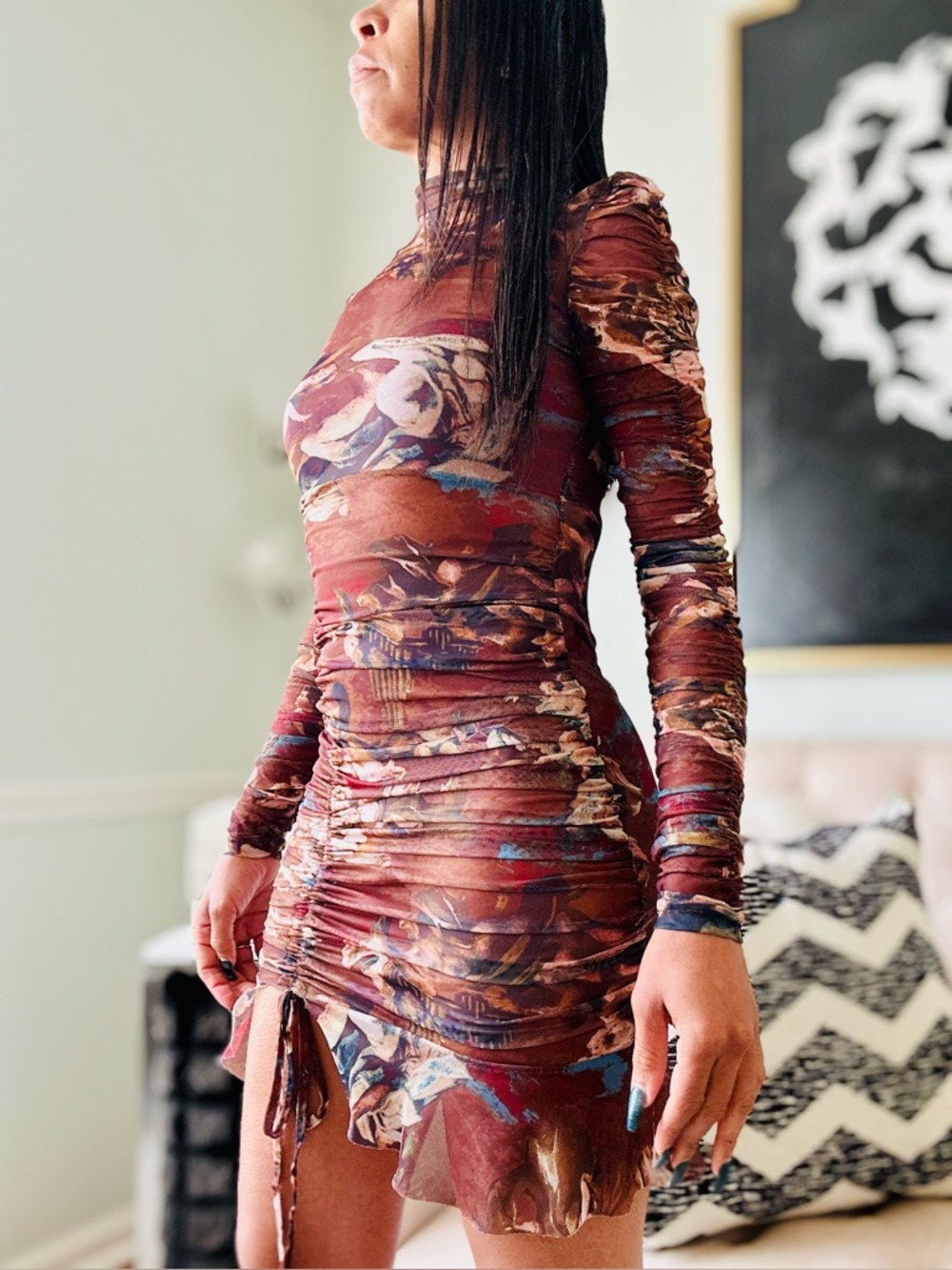Angelic Moments Sheer Brown Combo Ruched Long Sleeve Mock Neck Mini Dress